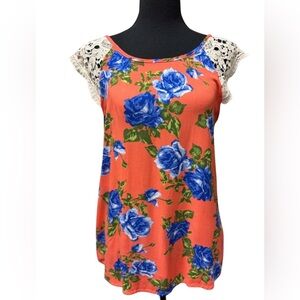 Blue sketch Vibrant Apricot Blue Floral Crochet Sleeves, keyhole back Top Size M